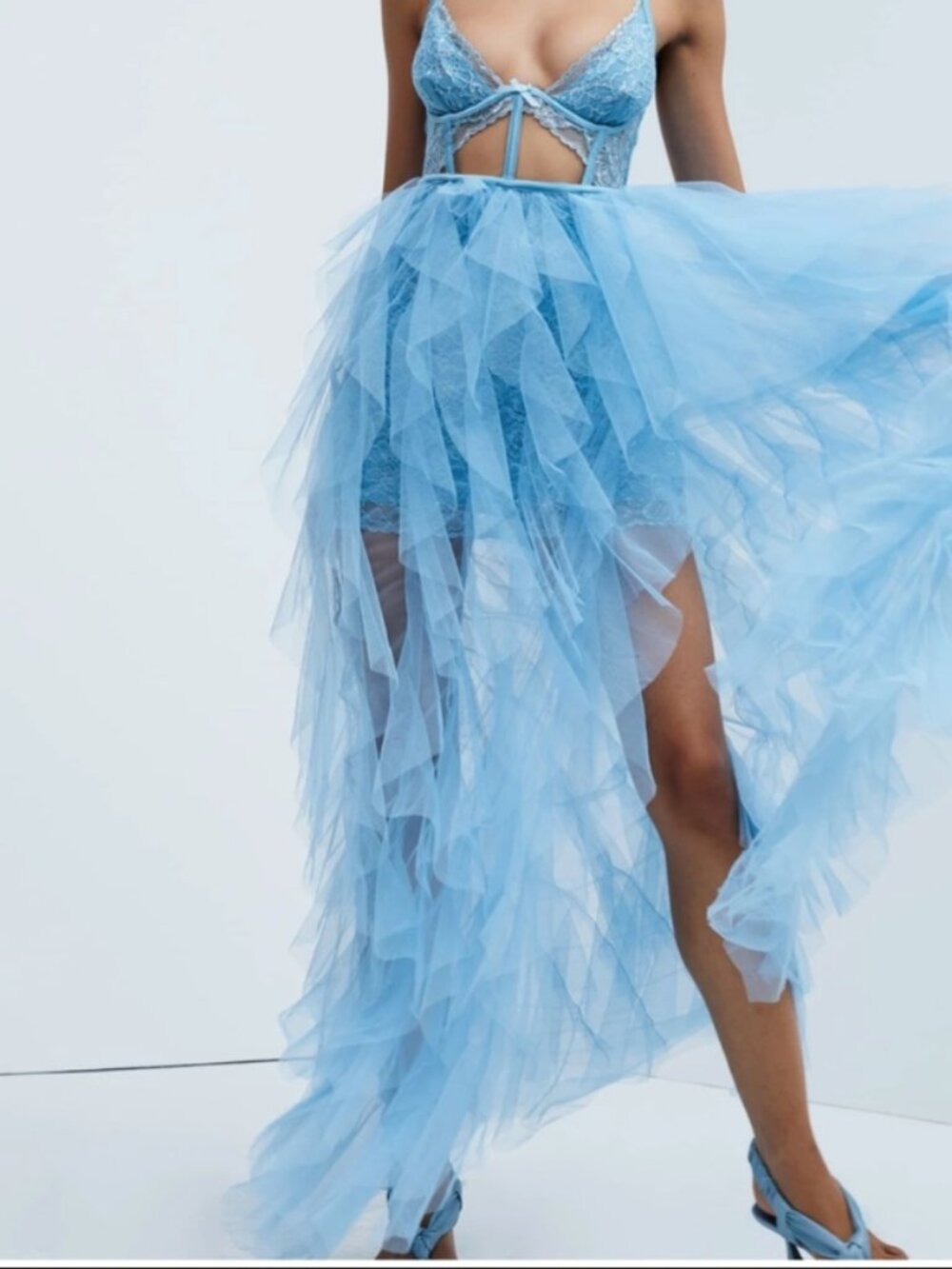 For Love & Lemons Rosario Lace & Cascading Ruffle Maxi Dress Blue